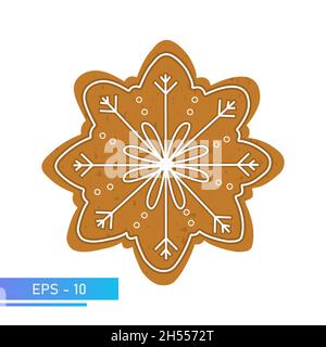 Biscotti di Natale, pan di zenzero sotto forma di fiocco di neve di Natale di colore marrone, isolato su sfondo bianco, illustrazione del vettore. Illustrazione Vettoriale