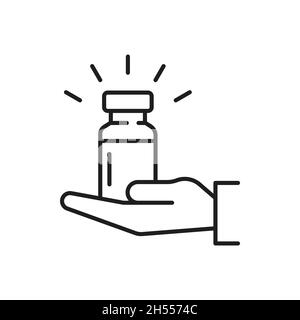 Bottiglia di tenuta con pillole di medicina isolato sottile icona di linea. Pillole di medicamento vettoriali, assistenza sanitaria e concetto di immunizzazione. Trattamento farmacologico, formica Illustrazione Vettoriale