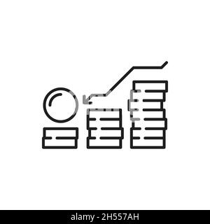 Grafico perdita di denaro pila di monete isolate con freccia in basso, icona a linea sottile. Crisi finanziaria vettoriale, freccia rivolta verso il basso sul grafico sopra la pila di monete, verso il basso Illustrazione Vettoriale