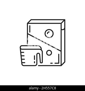 Polvere di lavaggio, confezione in scatola di carta e dosatore icona a linea sottile isolata. Polvere per bucato vettoriale, confezione di supplemento e contenitore trasparente con mea Illustrazione Vettoriale