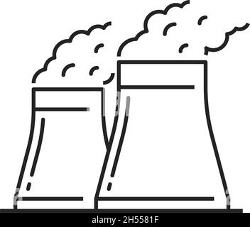 Icona line art isolata della centrale nucleare o elettrica. Torri industriali vettoriali con radiazione e fumo, generatori termici a profilo, tubi di scarico Illustrazione Vettoriale