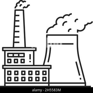 Fabbrica o impianto che genera energia, torri industriali con radiazioni, ecologia rifiuti isolati linea sottile icona. Centrale elettrica vettoriale nucleare Illustrazione Vettoriale