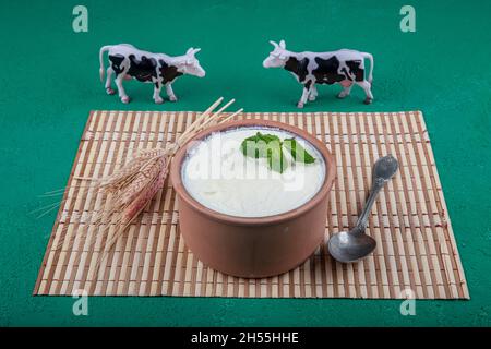 Naturale, yogurt in casseruola ciotola su tavola di legno con spoon.Close up take.Turkish e greco tradizionale latte alimentare yogurt o strained yogurt in casse Foto Stock