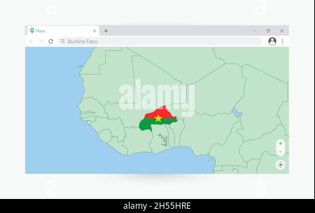 Finestra del browser con mappa del Burkina Faso, ricerca in Burkina Faso in internet. Moderno modello di finestra del browser. Illustrazione Vettoriale