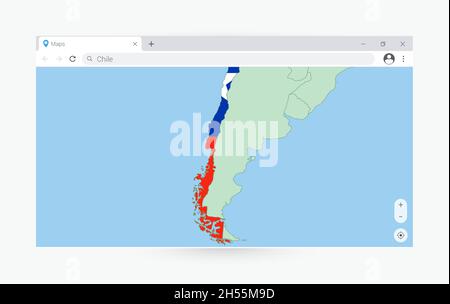 Finestra del browser con mappa del Cile, ricerca Cile in internet. Moderno modello di finestra del browser. Illustrazione Vettoriale