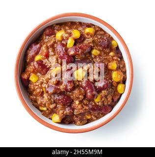 ciotola di cibo messicano chili con carne isolato su sfondo bianco, vista dall'alto Foto Stock