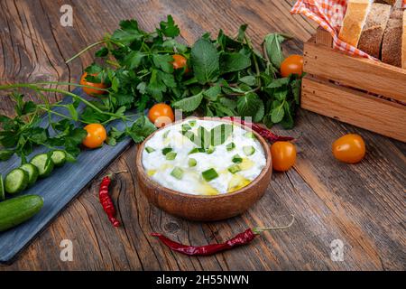 Cacik secco. Tzatziki tradizionale o cacik sul tavolo. Tradizionale antipasto turco cacik, yogurt, aglio e cetrioli e menta su di esso. Foto Stock