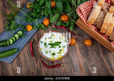 Cacik secco. Tzatziki tradizionale o cacik sul tavolo. Tradizionale antipasto turco cacik, yogurt, aglio e cetrioli e menta su di esso. Foto Stock