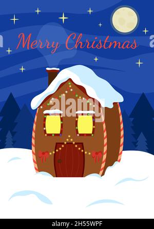 Casa decorata a Natale in piedi sulla neve sotto il cielo stellato e la luna. Ghirlande luminose e luci in casa. Buon testo di Natale. Benvenuto in vacanza invernale Illustrazione Vettoriale