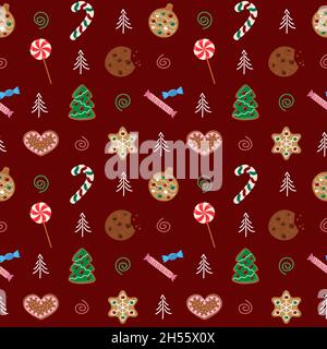 Modello vettoriale dolci di Natale. Dessert di Capodanno su sfondo rosso. Perfetto sfondo per le vacanze con lecca lecca, caramelle e biscotti. Illustrazione Vettoriale