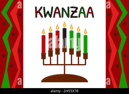 Kwanzaa vacanza. Sette candele nel supporto della candela. Kwanzaa simbolo isolato. Decorazioni in ornamento africano. Illustrazione del poster vettoriale. Illustrazione Vettoriale