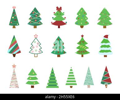 Set vettore alberi di Natale. Cartoon decorato pini e abeti elementi isolati. Collezione di simboli tradizionali di Capodanno e Natale. Illustrazione Vettoriale
