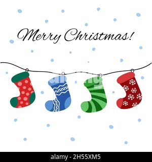 Calzini appesi di Natale isolato. Buon biglietto di auguri di Natale. Illustrazione vettoriale. Illustrazione Vettoriale
