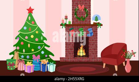 Casa di Natale interno. Albero con regali, camino e sedia in soggiorno. Concetto di vacanze invernali. L'anno nuovo è accogliente al coperto. Illustrazione piatta vettoriale Illustrazione Vettoriale
