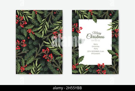 Set di biglietti d'auguri natalizi, banner verticali, volantini, inviti. Felice anno nuovo, Happy Holidays carte con fiori di natale e inverno Illustrazione Vettoriale