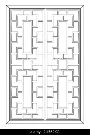 Disegno di una classica finestra cinese - illustrazione in bianco e nero Illustrazione Vettoriale