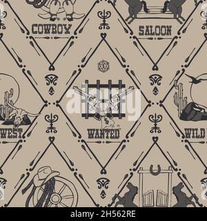 Motivo vettoriale senza cuciture con vecchio logo Wild West su sfondo grigio. Carta da parati vintage in Texas. Tessile moda occidentale. Illustrazione Vettoriale