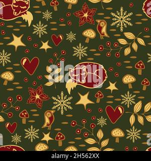 Pattern vettoriale senza giunture con foresta di Natale su sfondo verde. Semplice design della carta da parati per animali d'inverno. Moda tessile stagione festosa. Illustrazione Vettoriale