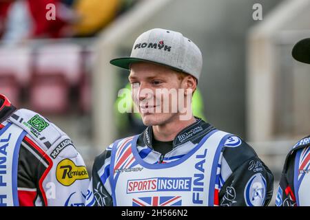 Daniel Bewley speedway rider in sella alla British Final al National Speedway Stadium di Manchester, il 16 agosto 2021 Foto Stock