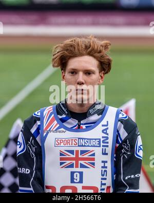 Daniel Bewley speedway rider in sella alla British Final al National Speedway Stadium di Manchester, il 16 agosto 2021 Foto Stock