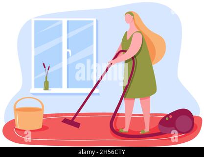 Casalinga vacuuming e fare lavori di casa, appartamento pulito. Vettoriale di casa e la casa, vuoto pulito e pulizia, casalinga illustrazione aspirapolvere Illustrazione Vettoriale