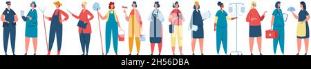 Lavoratrice professionale in uniforme, donne di diverse professioni. Un gruppo diversificato di donne lavoratrici che si riuniscono per un'illustrazione vettoriale. Personaggi che lavorano per vari lavori, lavoro di carriera Illustrazione Vettoriale