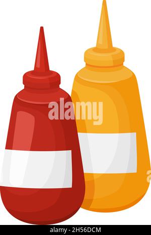 Ketchup e salsa di senape per fast food. Bottiglia vettoriale con senape e salsa di ketchup isolata per illustrazione di merenda Illustrazione Vettoriale