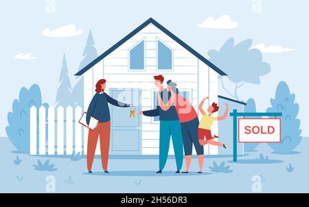 Famiglia acquistare nuova casa, agente immobiliare dando le chiavi ai compratori. Coppia felice con i capretti che acquistano la proprietà, illustrazione vettoriale del bene immobile. Personaggi con il bambino che si sposta in una nuova casa Illustrazione Vettoriale