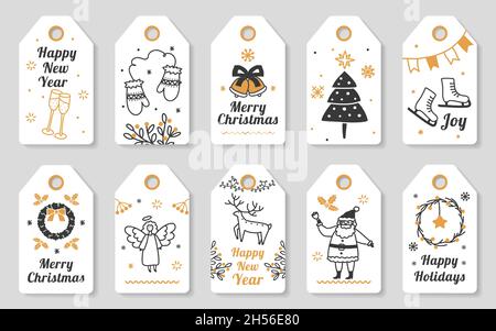 Le modifiche del regalo di Natale con gli elementi disegnati a mano, le schede cute di Natale. Etichette vacanza inverno con babbo natale e caro, nuovo anno celebrazione tag vettore set. Bicchieri con champagne, angelo e corona Illustrazione Vettoriale