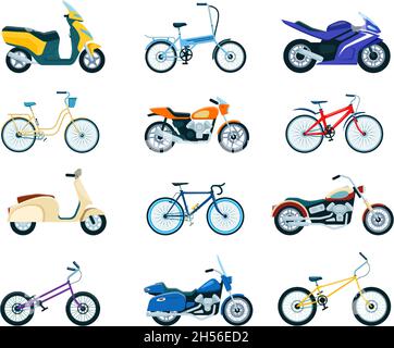 Moto e biciclette, bicicletta, moto, scooter a consegna. Vari modelli di veicoli per motociclette, cyclette, chopper, set vettoriale piatto per bici da strada. Spedizione di prodotti e viaggi o trasporti Illustrazione Vettoriale