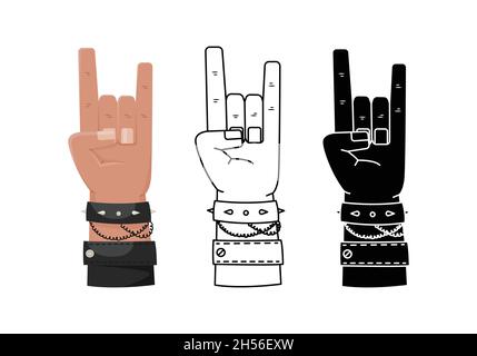 Set vettoriale con tre illustrazioni dei gesti delle mani - rock on, segno di metallo pesante. Mano uomo piatta Illustrazione Vettoriale