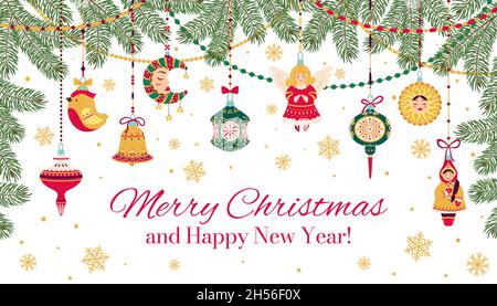 Allegro banner natalizio con decorazioni e ghirlande degli alberi di Natale. Vacanze invernali celebrazione ornamenti su rami di pino vettore scheda modello. Biglietto d'auguri tradizionale con abete e giocattoli Illustrazione Vettoriale