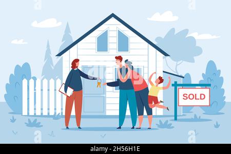 Famiglia acquistare nuova casa, agente immobiliare dando le chiavi ai compratori. Coppia felice con i capretti che acquistano la proprietà, illustrazione vettoriale del bene immobile. Personaggi con il bambino che si sposta in una nuova casa Illustrazione Vettoriale