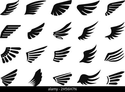 Icona dell'ala, logo delle ali di uccello, emblema dell'aquila volante. Black Minimal uccelli piume badge, falco araldico o phoenix ala silhouette icone set vettoriale. Elementi angelici di forme diverse Illustrazione Vettoriale