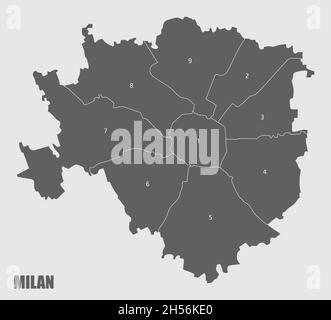 La mappa amministrativa della città di Milano con etichette, Italia Illustrazione Vettoriale