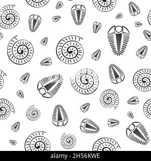 Sfondo di pattern senza giunture vettoriale trilobite Ammonite. Cephalopod a forma di spirale e fossili a coste artropodi disegnati a mano. Sfondo monocromatico Illustrazione Vettoriale