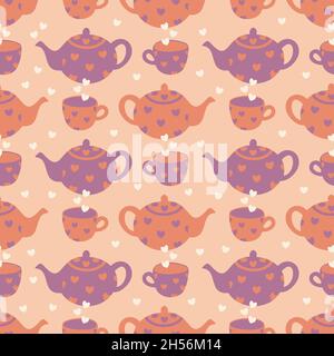 Modello vettoriale senza giunture con teiere, tazze e cuori. Design in stile cartone animato. Illustrazione Vettoriale