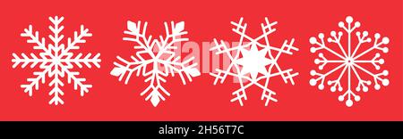 Fiocchi di neve vacanza Flat design isolano su sfondo rosso. Illustrazione vettoriale. Illustrazione Vettoriale