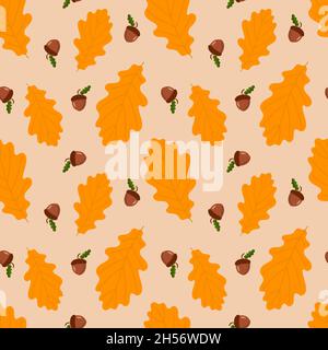 Modello autunnale con foglie di quercia e ghiande Illustrazione Vettoriale