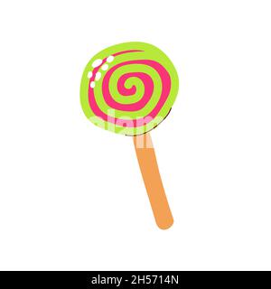 Cartone animato caramella rotonda su un bastone. Lollipop isolato su sfondo bianco. Dolce dolce verde, rosa, disegnato a mano con ornamento a spirale per bambini, Illustrazione Vettoriale