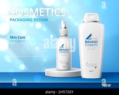 Poster realistico del prodotto per la cura della pelle. bottiglie cosmetiche 3d su sfondo lucido, banner pubblicitari, beauty branded pack. Design bianco per la cura della pelle per Foto Stock