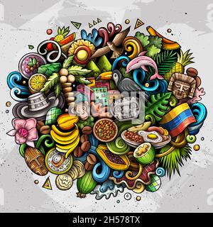 Colombia disegno a mano cartoon doodles illustrazione. Divertente disegno di viaggio colombiano. Sfondo vettoriale creativo. Elementi e oggetti del paese dell'America Latina Illustrazione Vettoriale