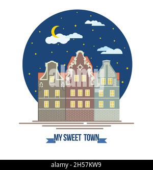 Classica europea vecchia città ospita edifici paesaggistici e facciate Notte accogliente città strada design piatto stile Illustrazione Vettoriale