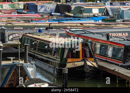 Le barche del canale sono ormeggiate nella Marina a Braunston, Northamptonshire, Regno Unito. Foto Stock