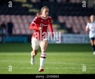 Londra, Regno Unito. 7 novembre 2021. Manchester Utd Women Lucy Staniforth durante la partita FAWSL tra Tottenham Hotspur Women e Manchester United Women all'Hive, Londra, Inghilterra, il 7 novembre 2021. Foto di Andrew Aleksiejczuk/prime Media Images. Credit: Prime Media Images/Alamy Live News Foto Stock