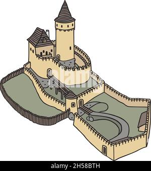 Il disegno a mano vettorizzato di un antico castello in pietra Illustrazione Vettoriale