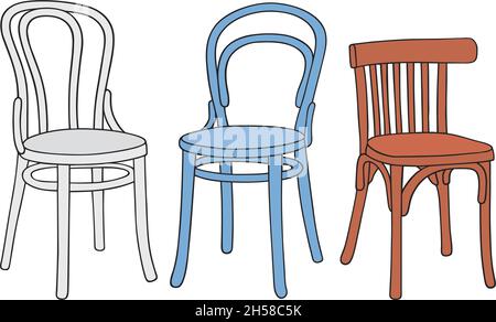 Il disegno a mano vettorizzato di tre sedie in legno di colore classico Illustrazione Vettoriale