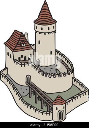 Il disegno a mano vettorizzato di un antico castello in pietra Illustrazione Vettoriale