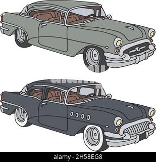 Il disegno a mano vettorizzato di due grandi auto classiche americane Illustrazione Vettoriale