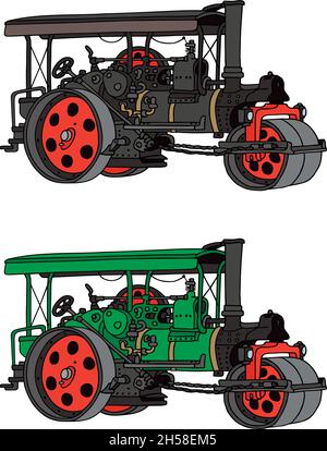 Il disegno a mano vettorizzato di due rulli stradali vintage a vapore Illustrazione Vettoriale